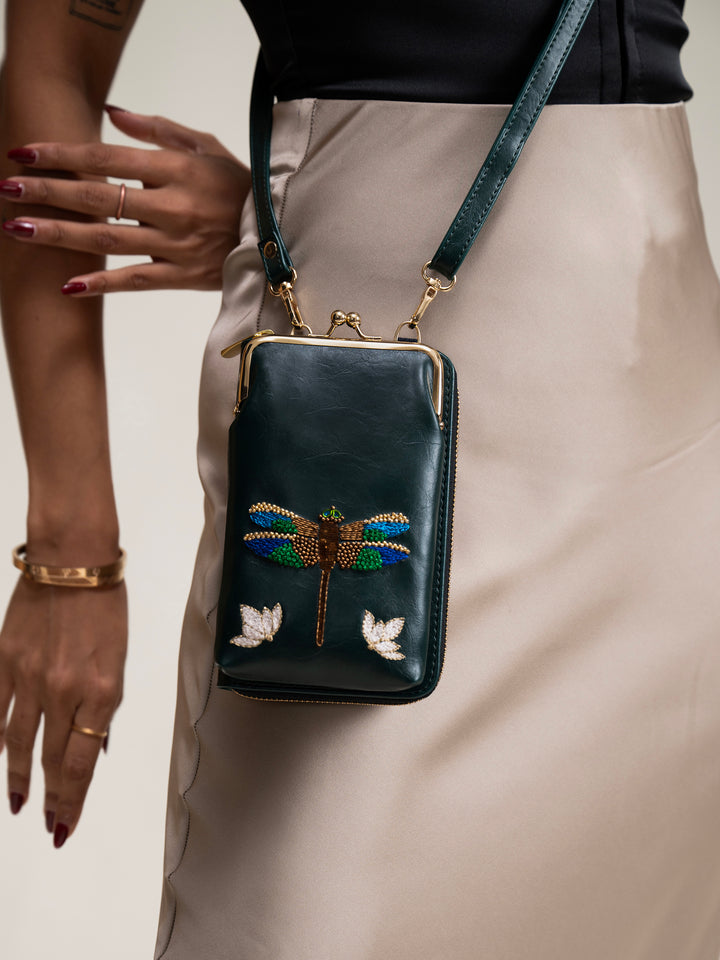 Hand Embroidered Dragonfly Mobile cum Wallet Sling