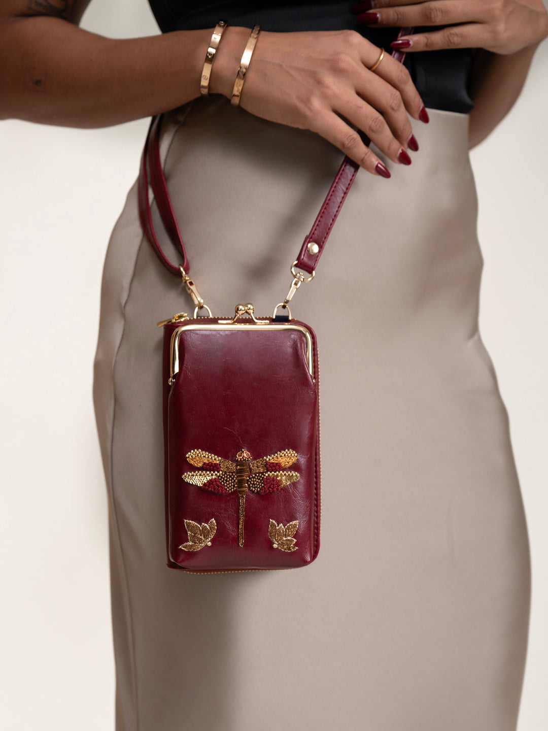 Hand Embroidered Dragonfly Mobile cum Wallet Sling