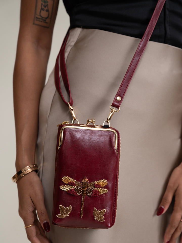Hand Embroidered Dragonfly Mobile cum Wallet Sling