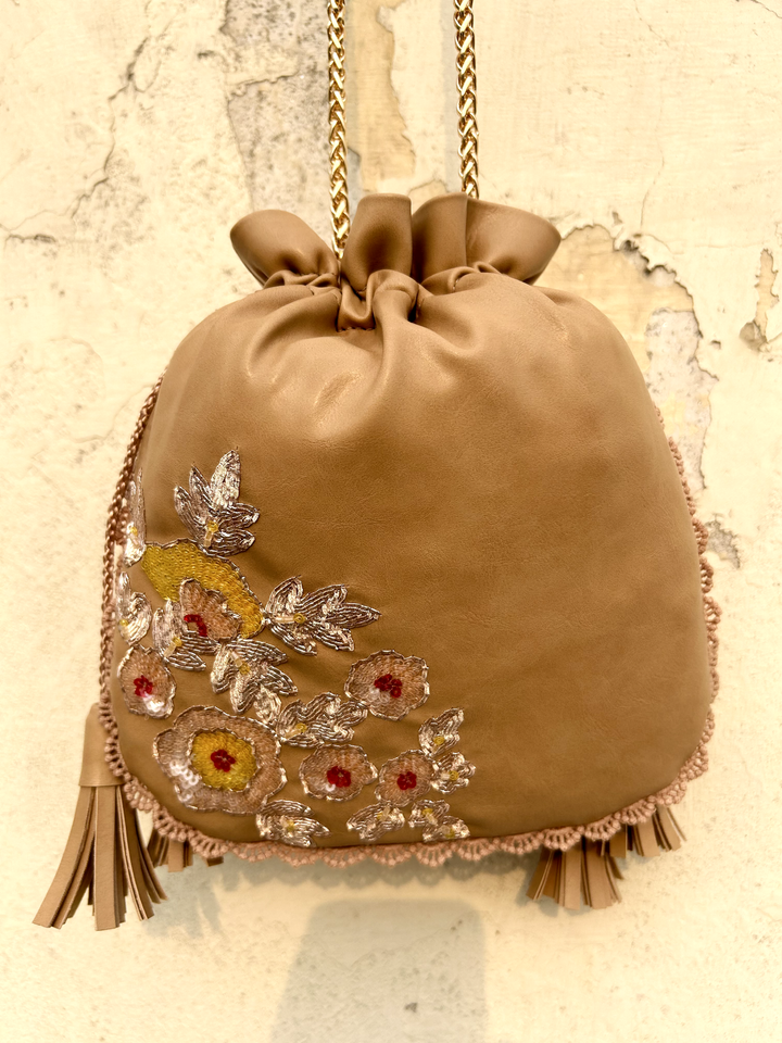 Beige Hand Embroidered Dabka Pitta Roses Potli Bag