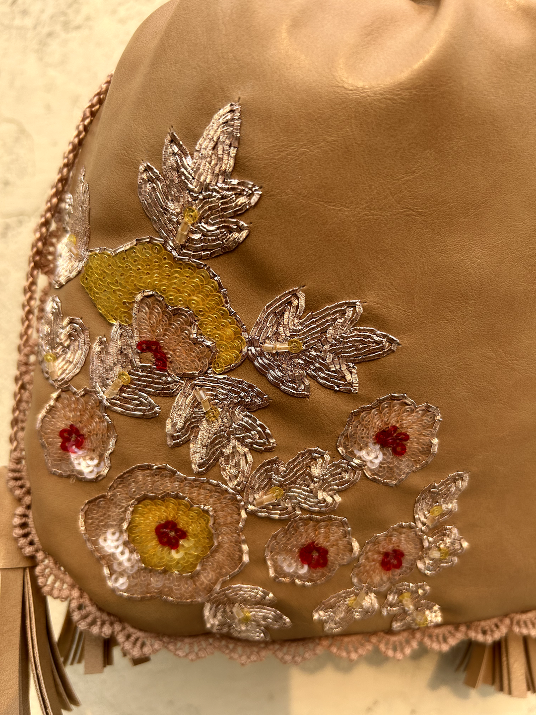 Beige Hand Embroidered Dabka Pitta Roses Potli Bag
