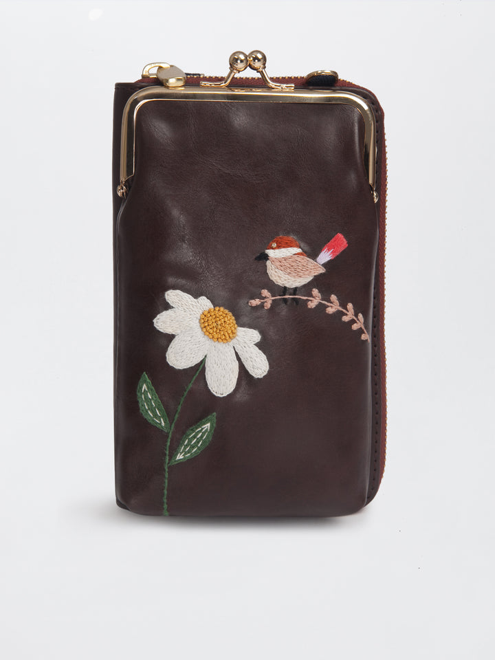 Hand Embroidered Chirpy Bloom Mobile cum Wallet Sling
