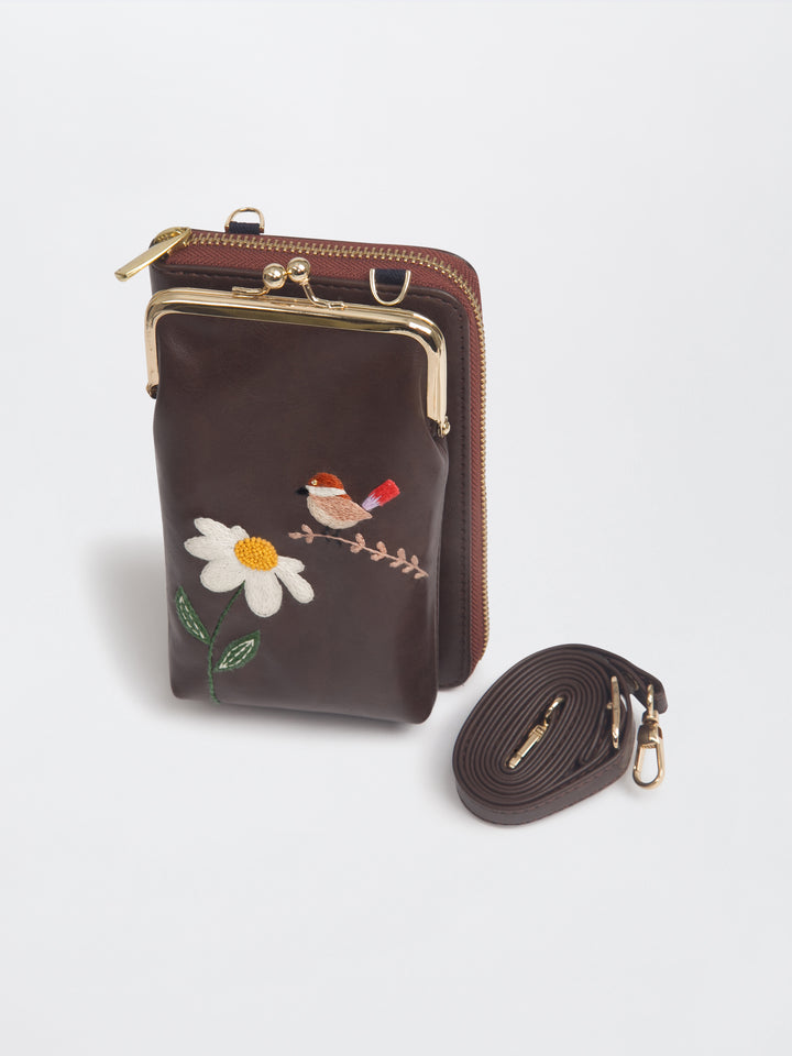 Hand Embroidered Chirpy Bloom Mobile cum Wallet Sling