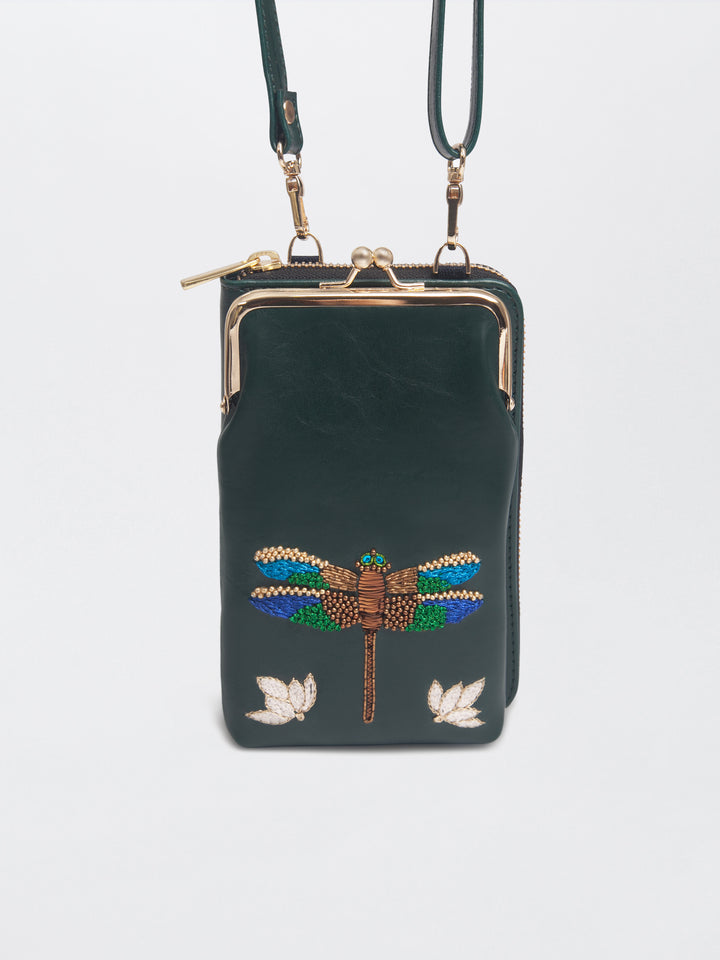 Hand Embroidered Dragonfly Mobile cum Wallet Sling