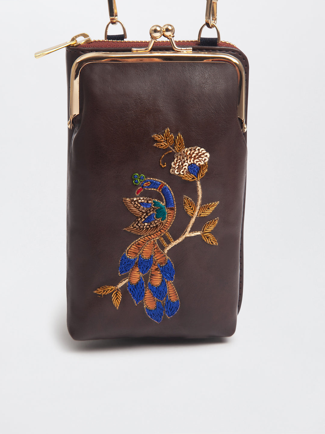 Hand Embroidered Peacock Royale Mobile cum Wallet Sling