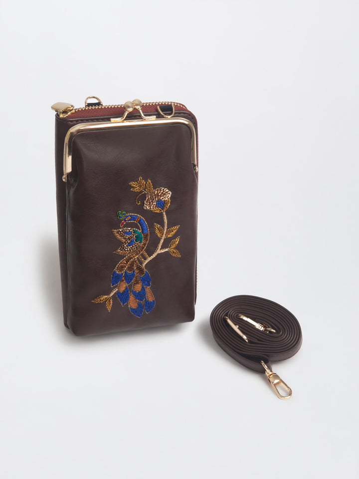 Hand Embroidered Peacock Royale Mobile cum Wallet Sling