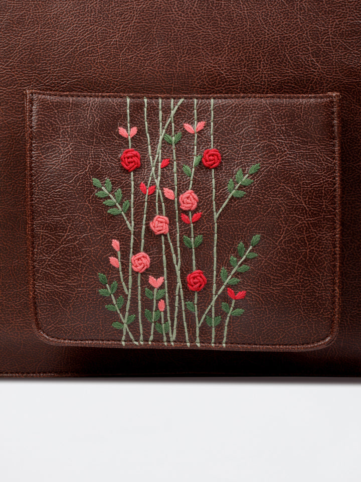 Hand Embroidered Red Rosebuds Laptop Bag