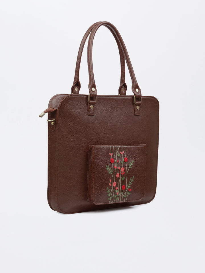 Hand Embroidered Red Rosebuds Laptop Bag