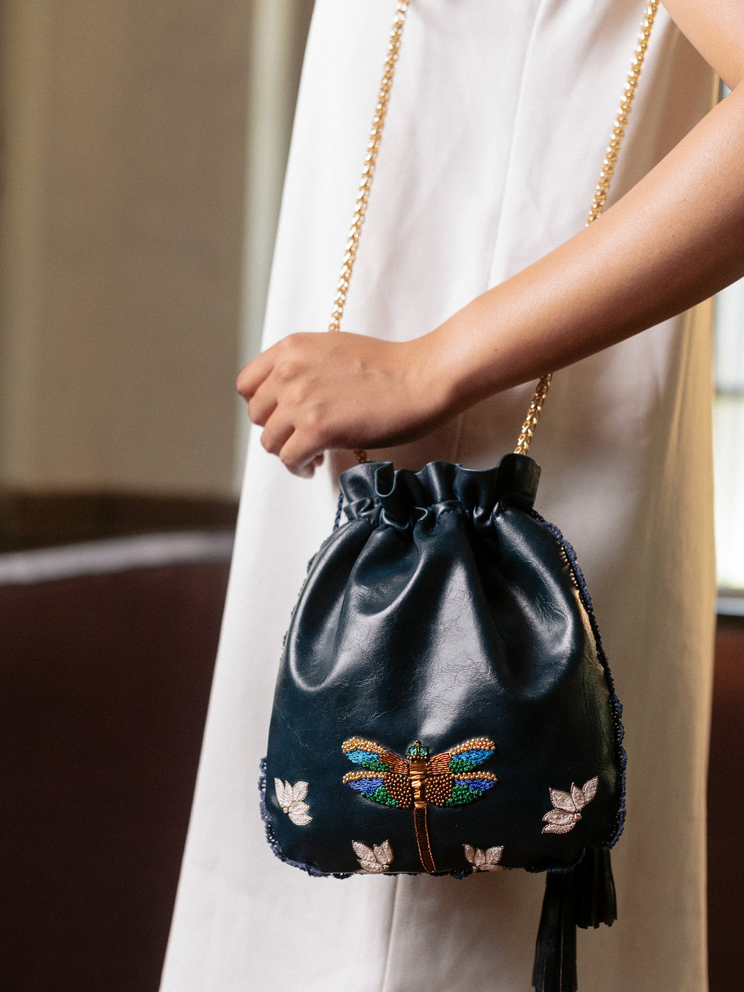 Hand Embroidered Metallic Dragonfly Potli Bag