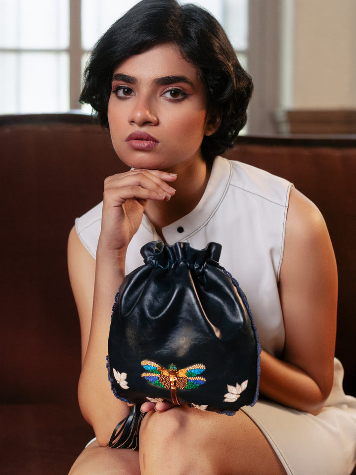 Hand Embroidered Metallic Dragonfly Potli Bag