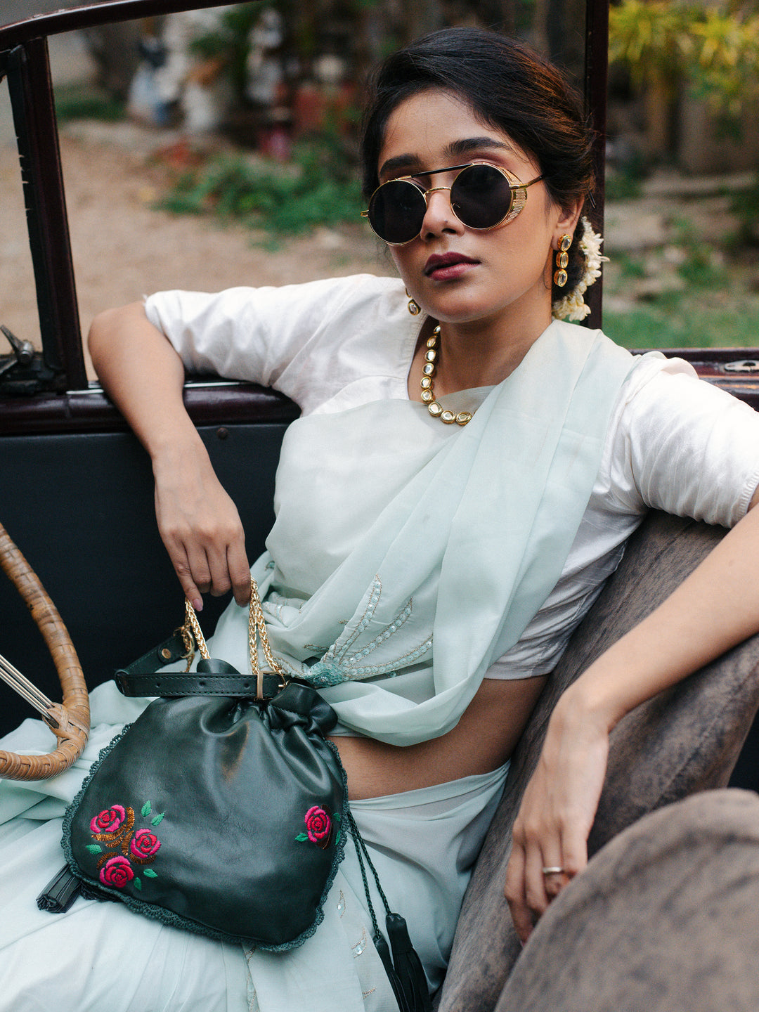 Green Hand Embroidered Roses Potli Bag