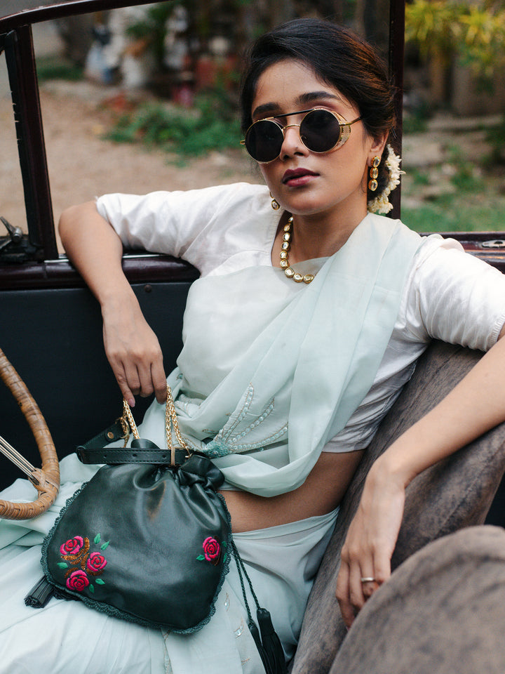 Green Hand Embroidered Roses Potli Bag