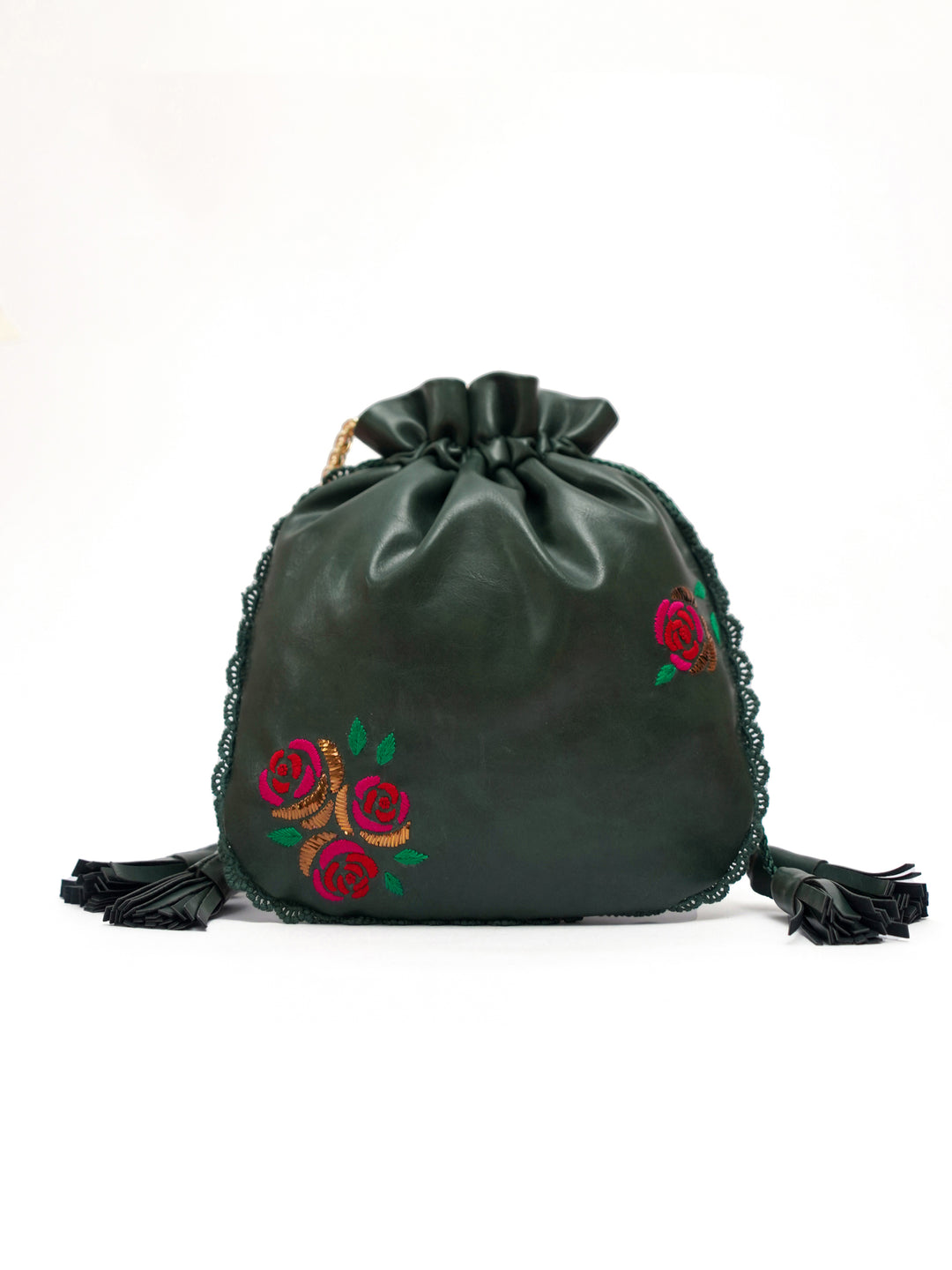 Green Hand Embroidered Roses Potli Bag