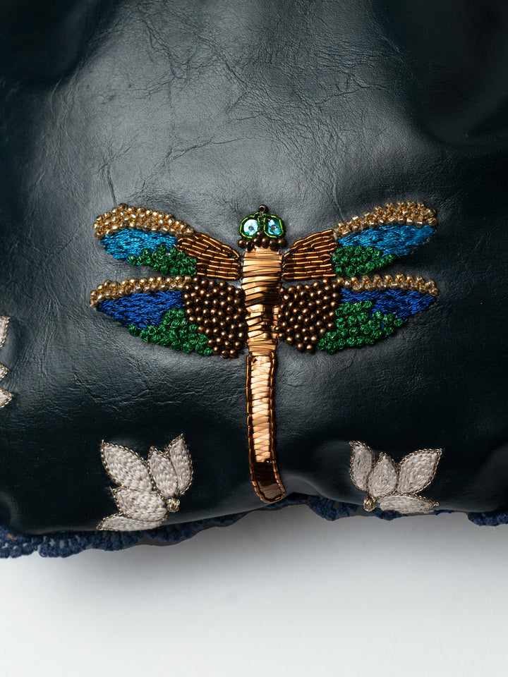 Hand Embroidered Metallic Dragonfly Potli Bag