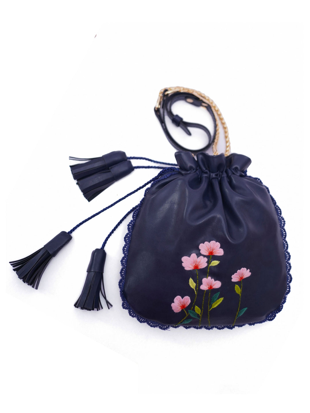 Blue Hand Embroidered Peach Poppies Potli Bag