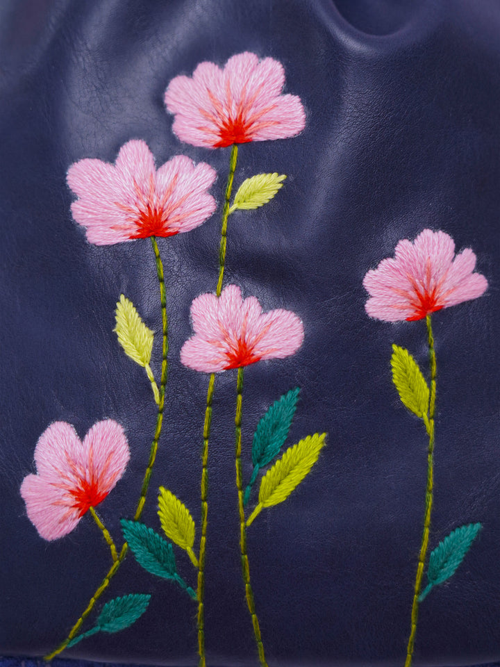 Blue Hand Embroidered Peach Poppies Potli Bag