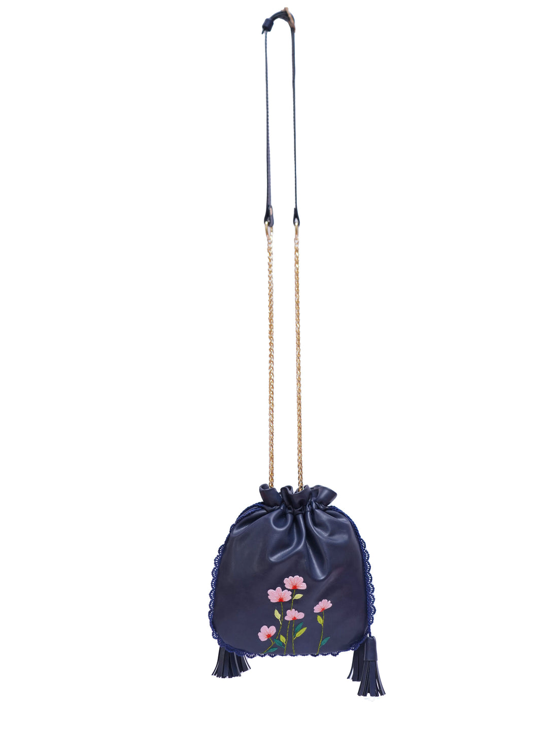 Blue Hand Embroidered Peach Poppies Potli Bag