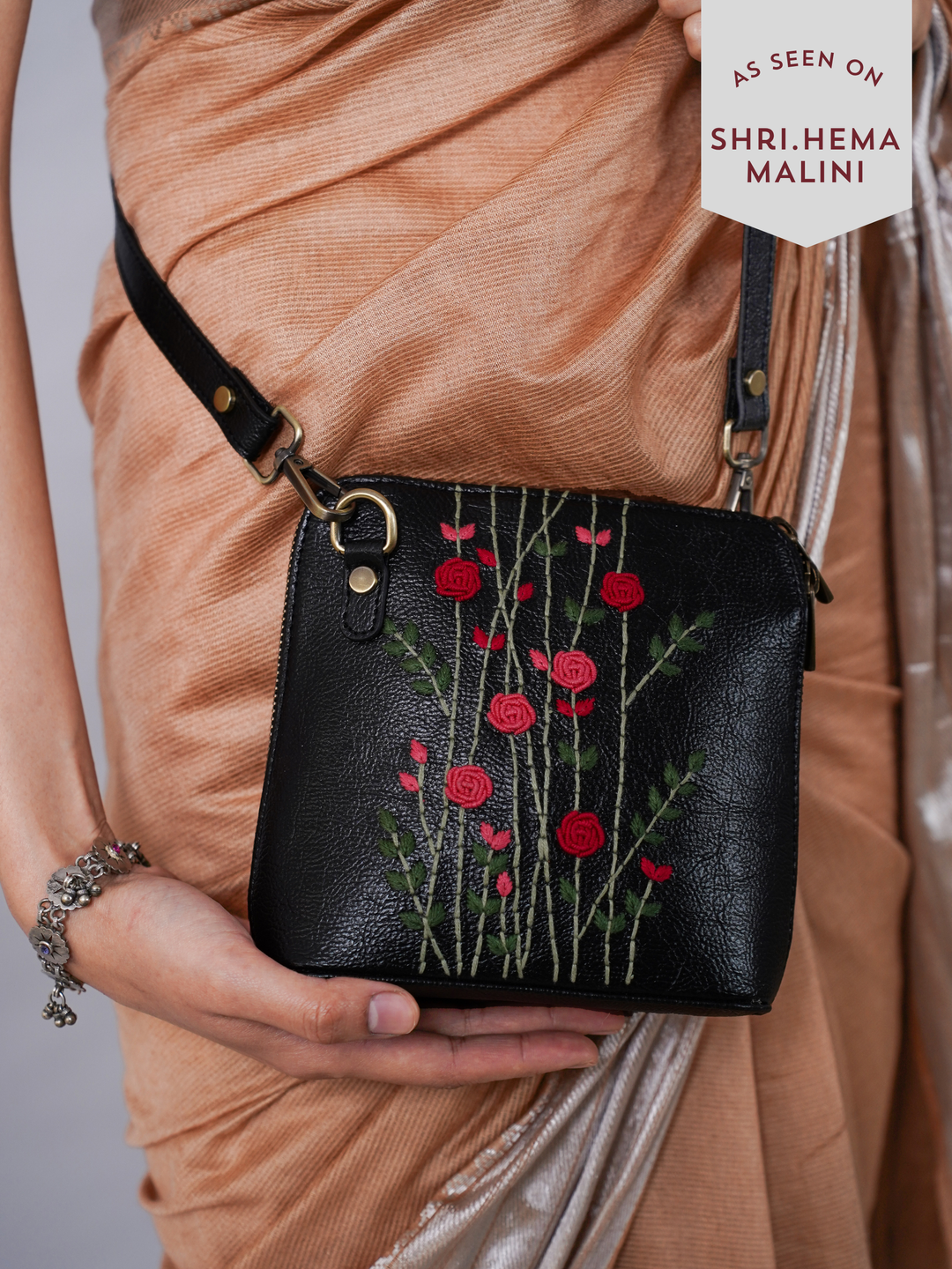 Hand Embroidered Red Rosebuds Venice Sling Bag