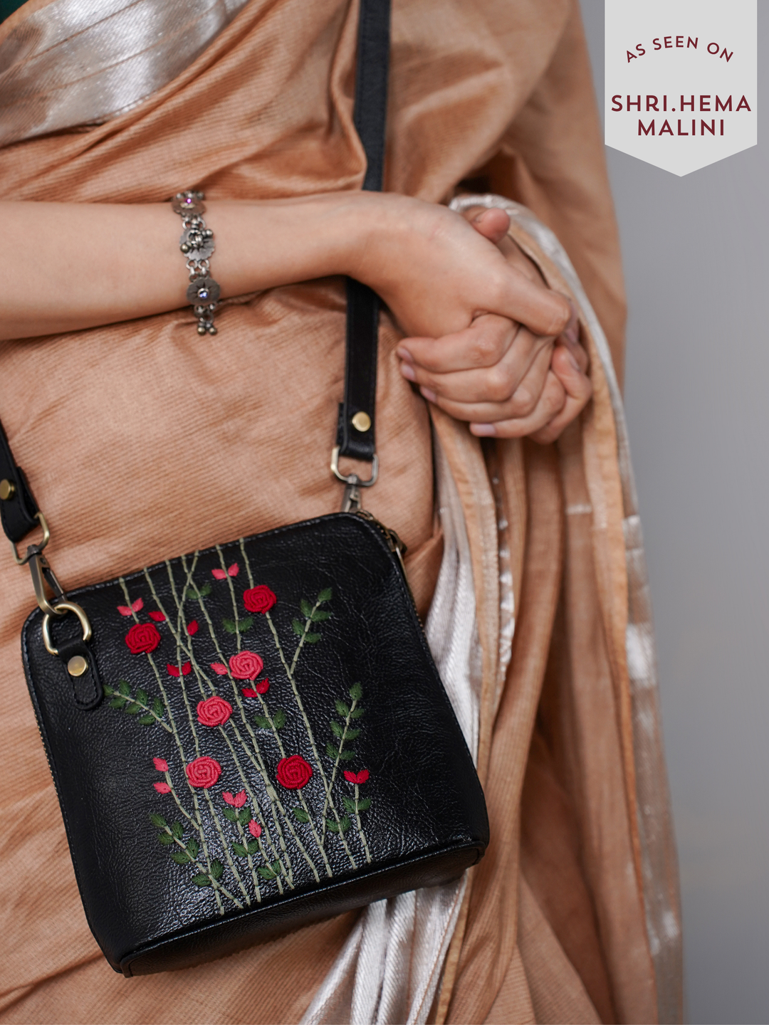 Hand Embroidered Red Rosebuds Venice Sling Bag