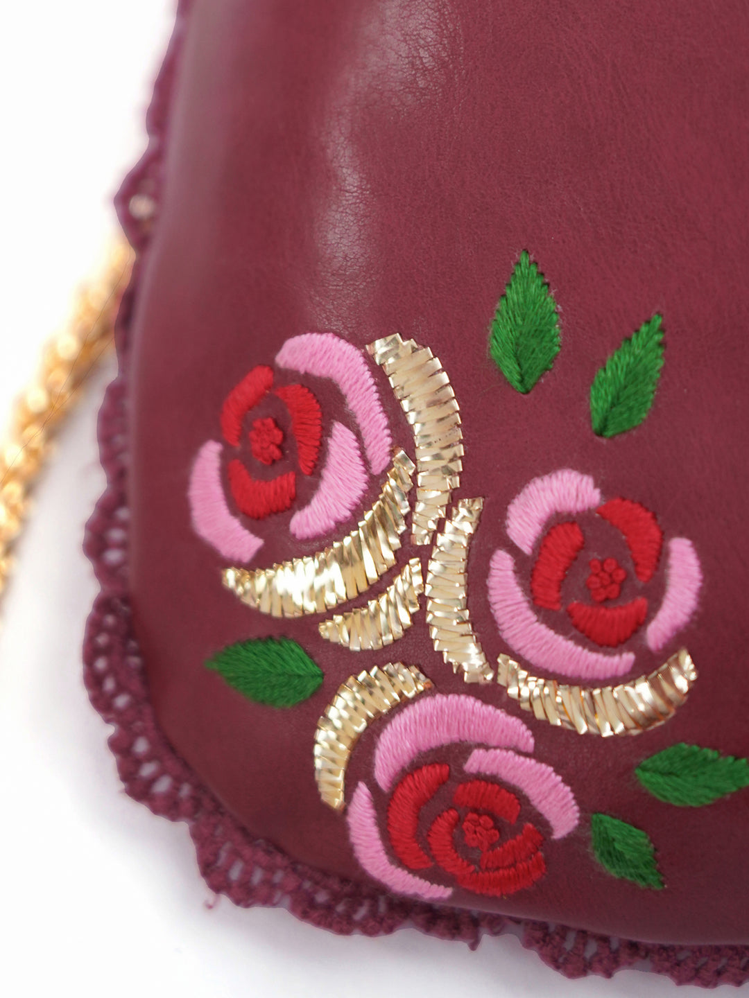Burgundy Hand Embroidered Roses Potli Bag