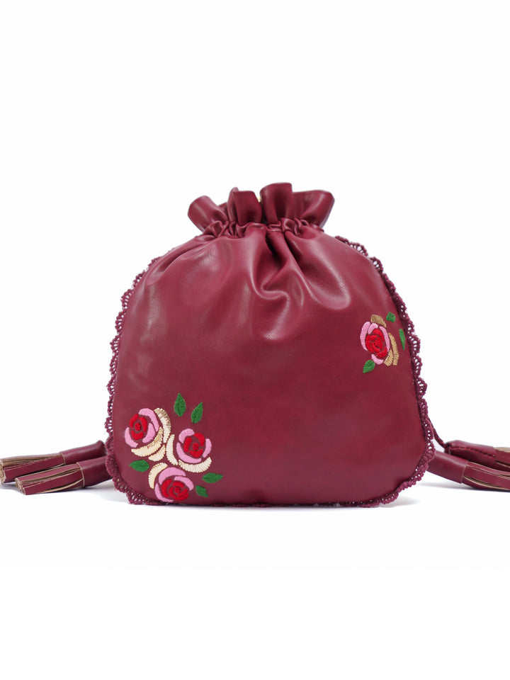 Burgundy Hand Embroidered Roses Potli Bag