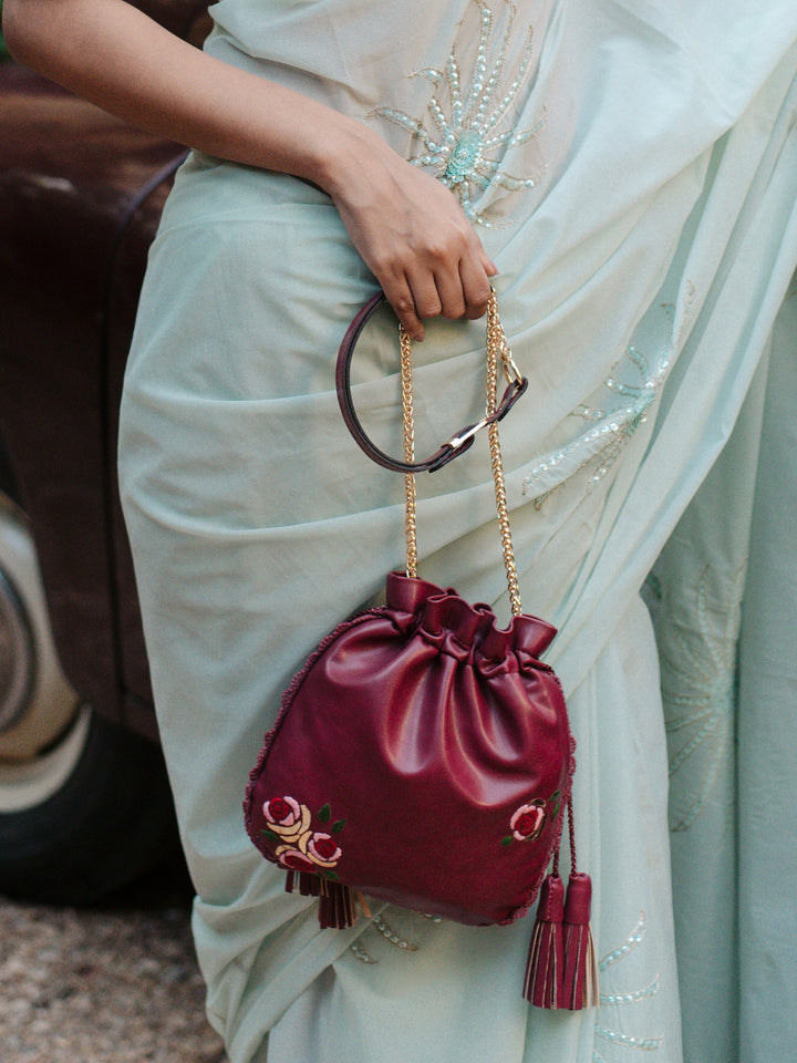 Burgundy Hand Embroidered Roses Potli Bag