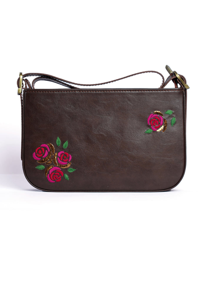 Hand Embroidered Roses Baguette Bag