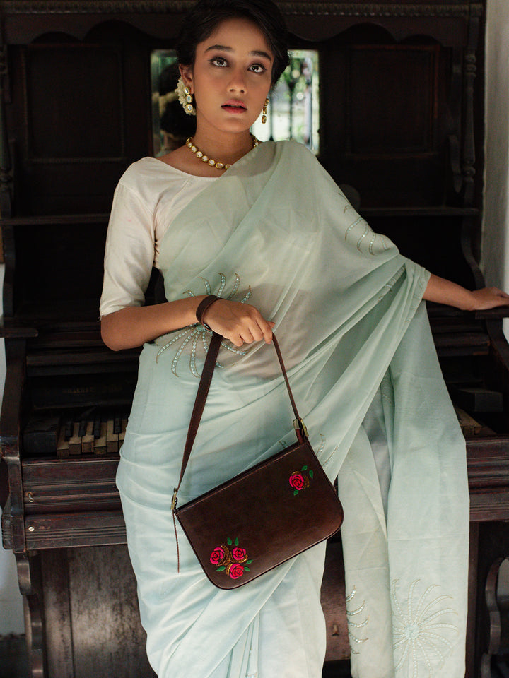 Hand Embroidered Roses Baguette Bag