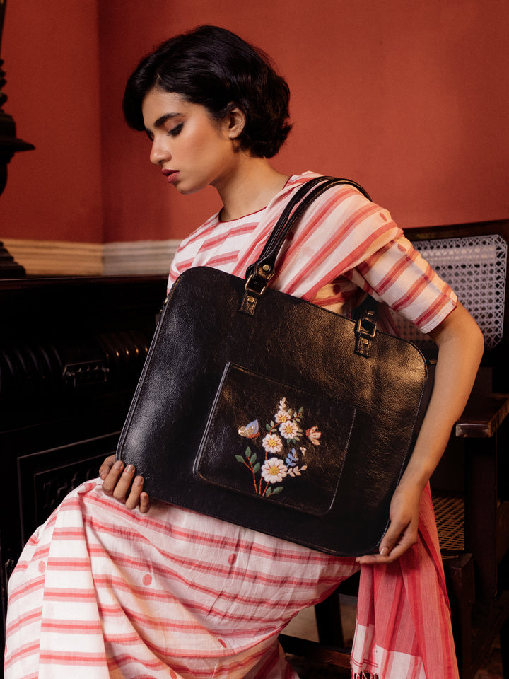 Hand Embroidered White Daisy Laptop Bag