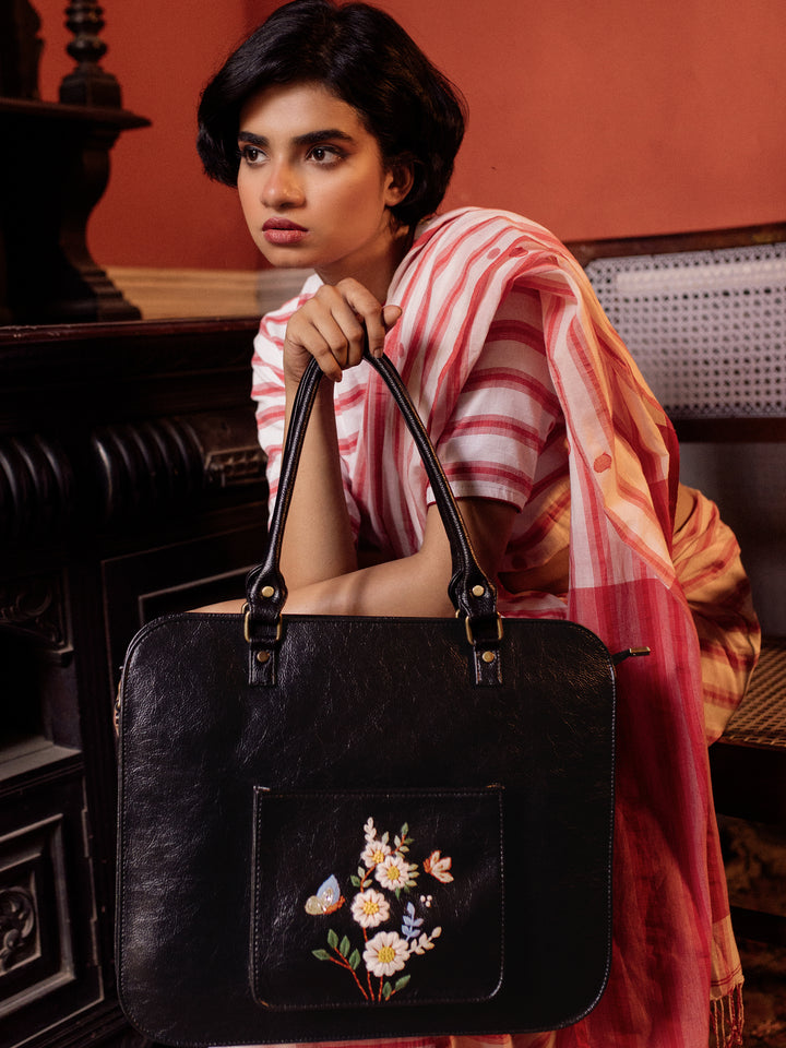 Hand Embroidered White Daisy Laptop Bag