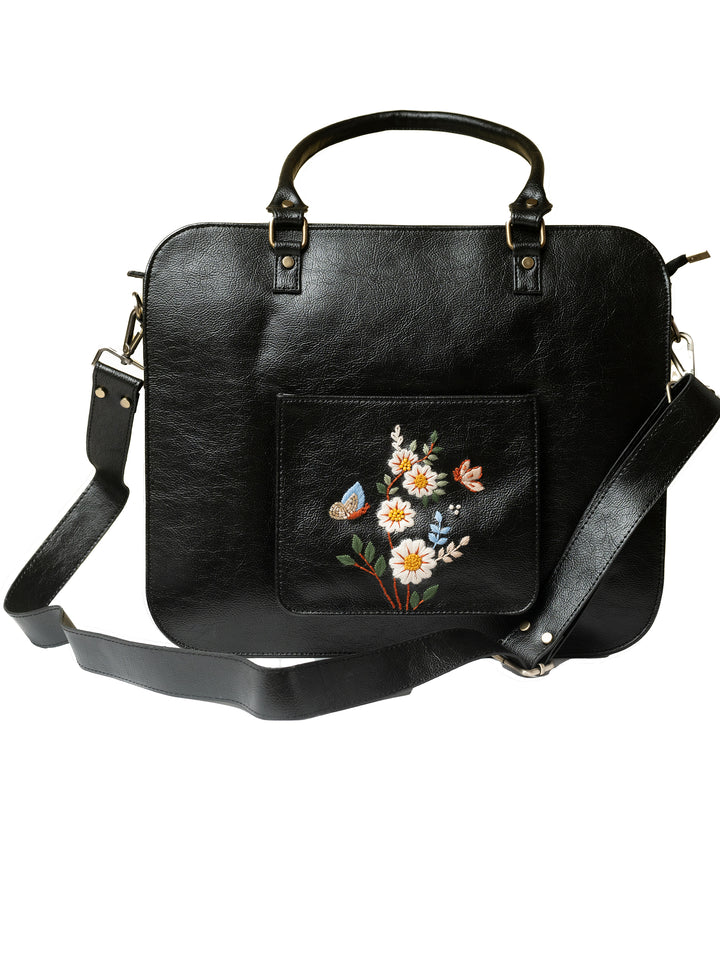 Hand Embroidered White Daisy Laptop Bag