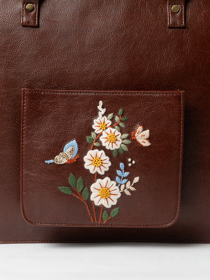 Hand Embroidered White Daisy Laptop Bag
