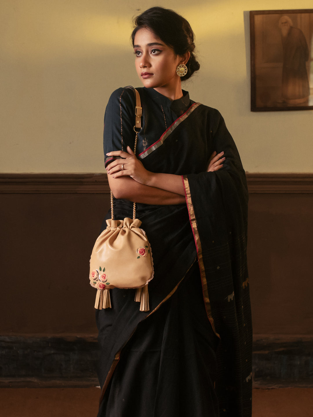Beige Hand Embroidered Roses Potli Bag