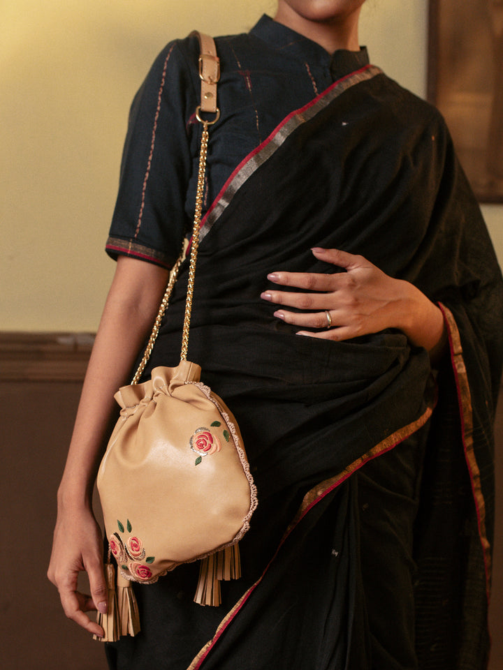 Beige Hand Embroidered Roses Potli Bag