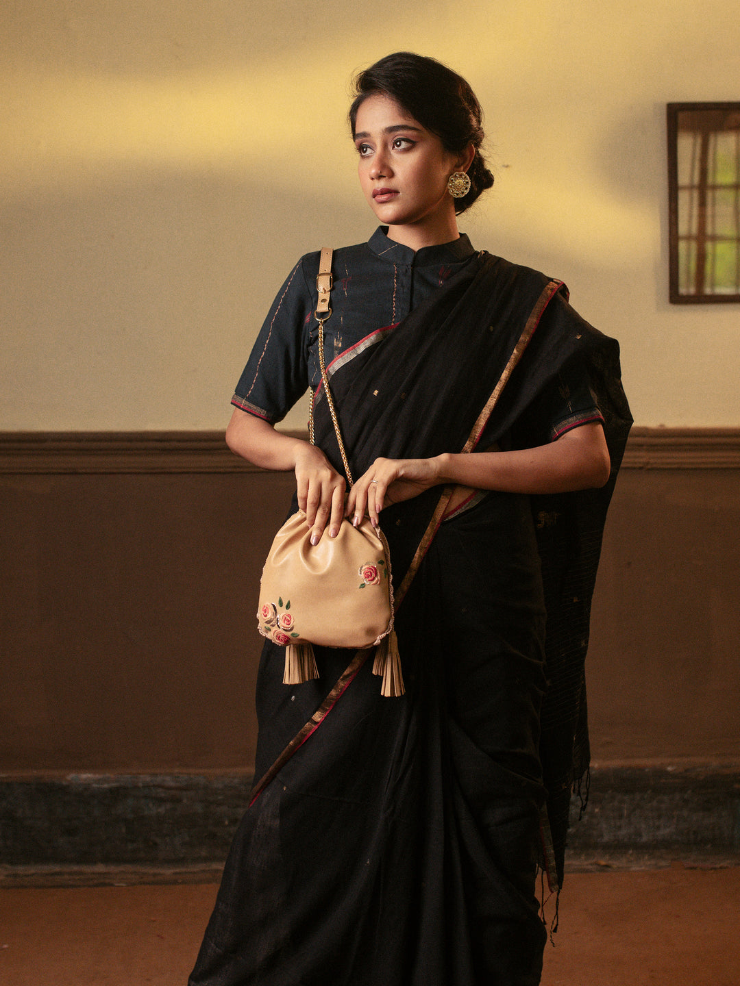 Beige Hand Embroidered Roses Potli Bag