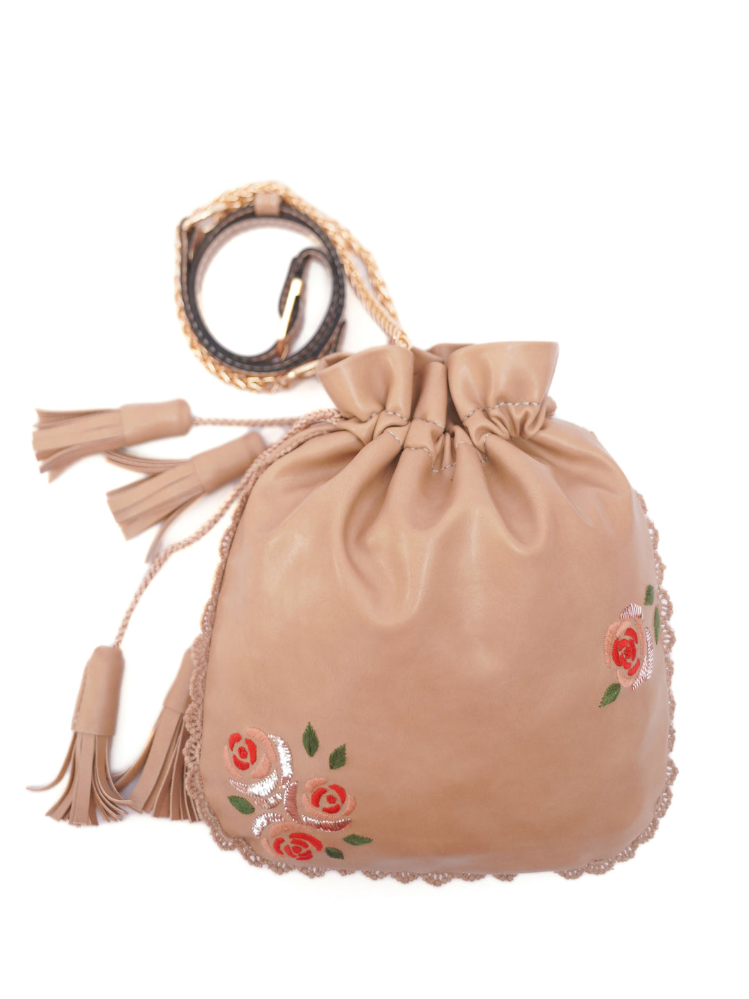 Beige Hand Embroidered Roses Potli Bag