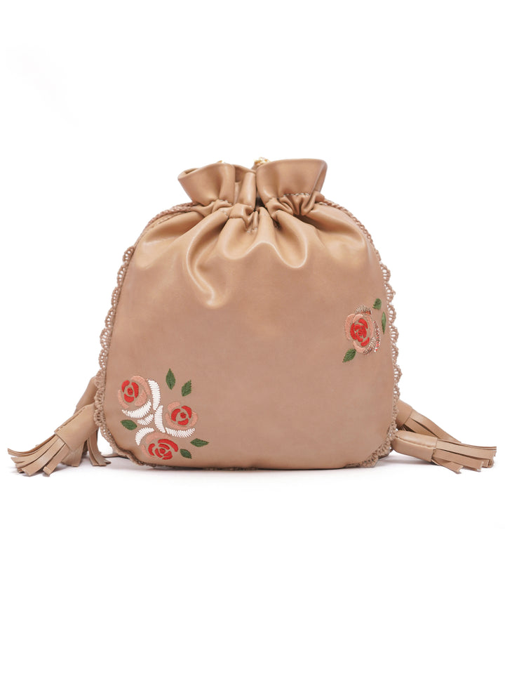 Beige Hand Embroidered Roses Potli Bag