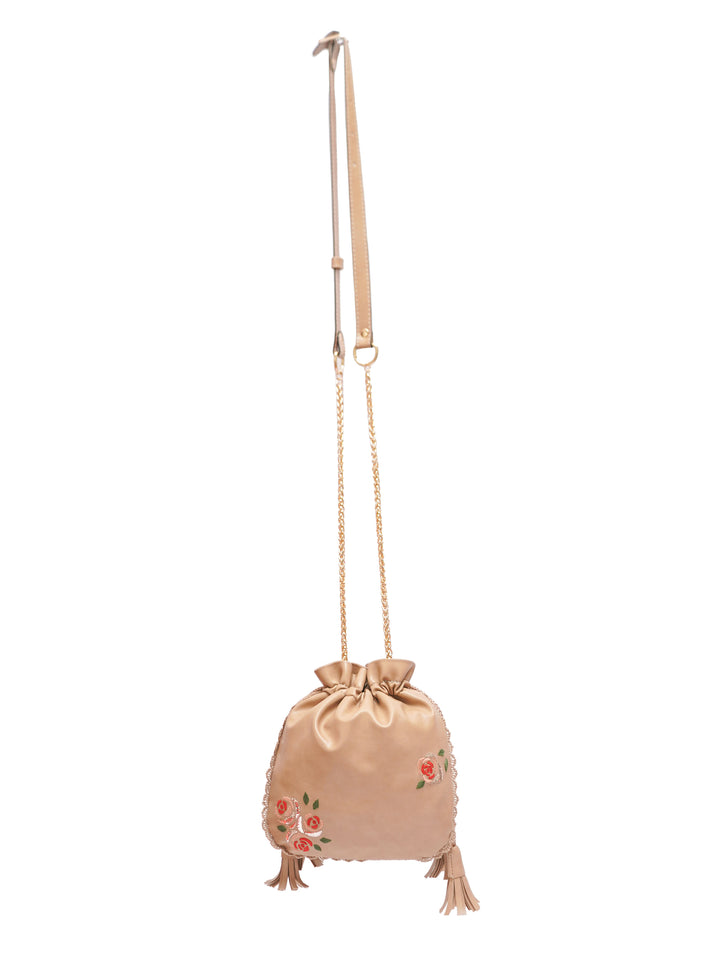 Beige Hand Embroidered Roses Potli Bag
