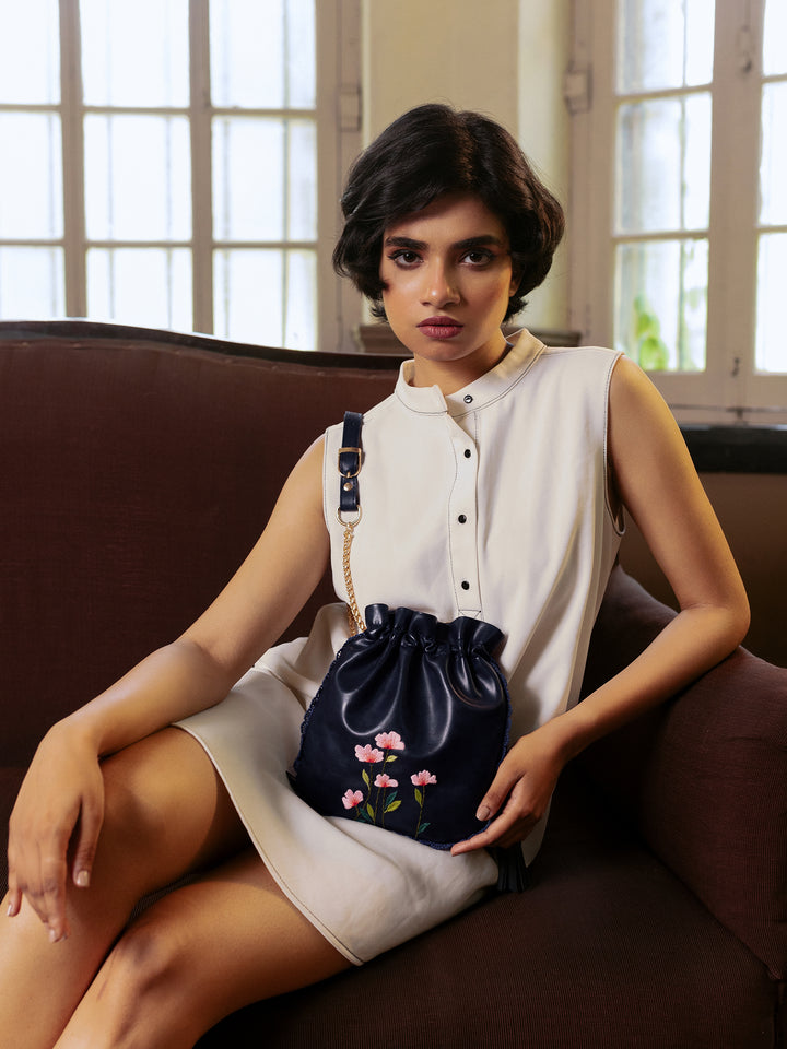 Blue Hand Embroidered Peach Poppies Potli Bag