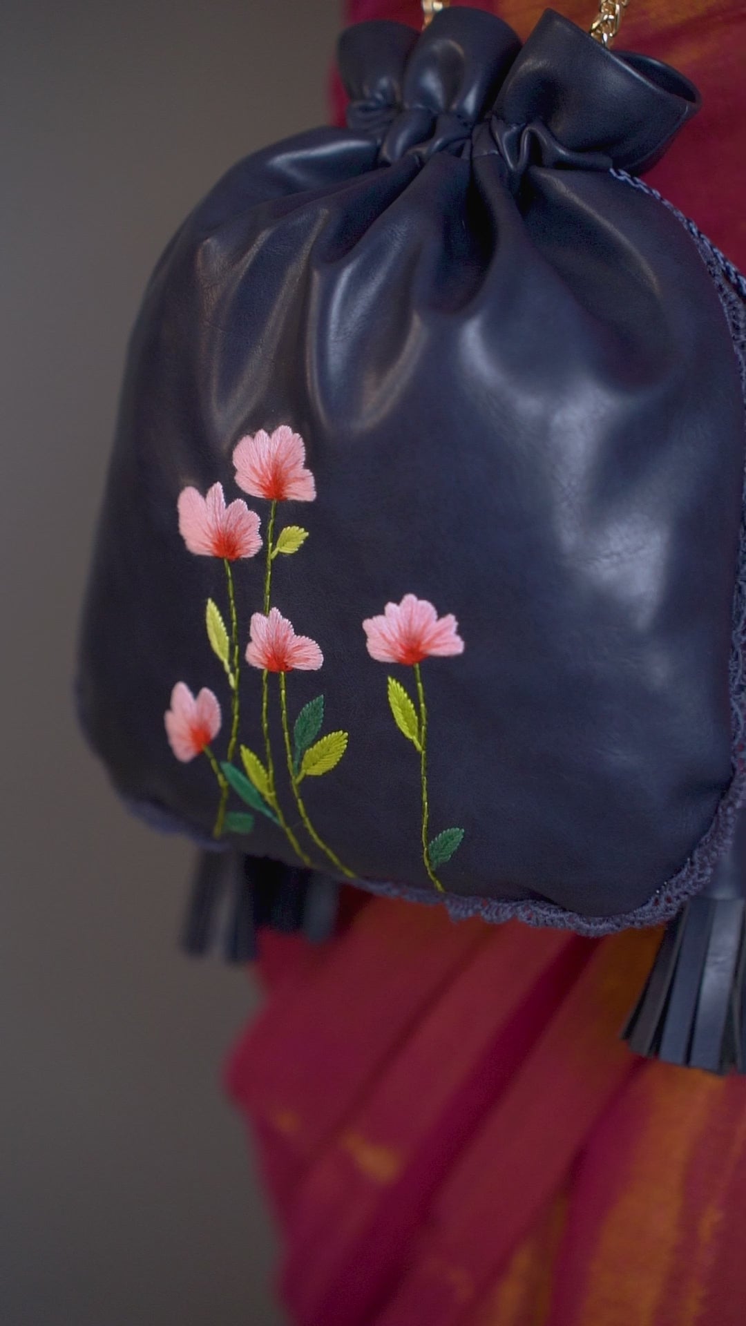 Blue Hand Embroidered Peach Poppies Potli Bag