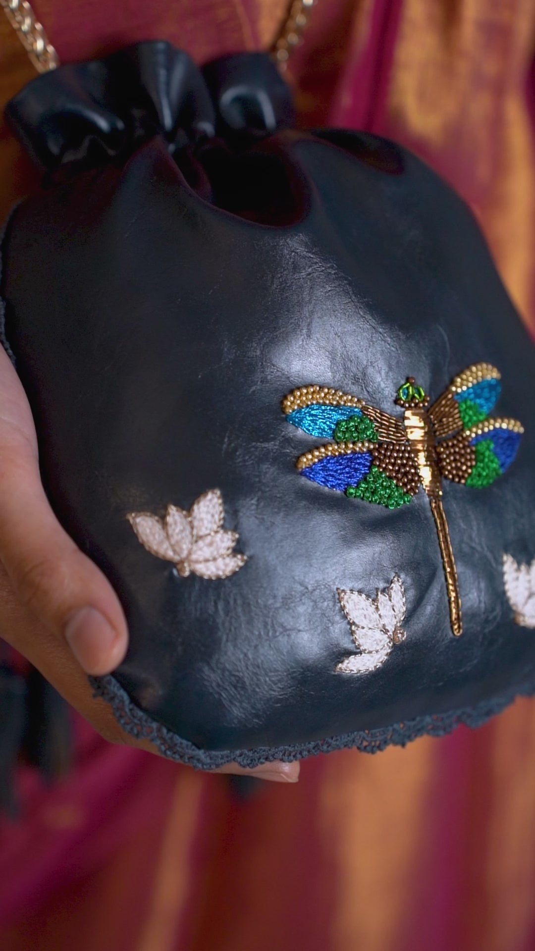 Hand Embroidered Metallic Dragonfly Potli Bag