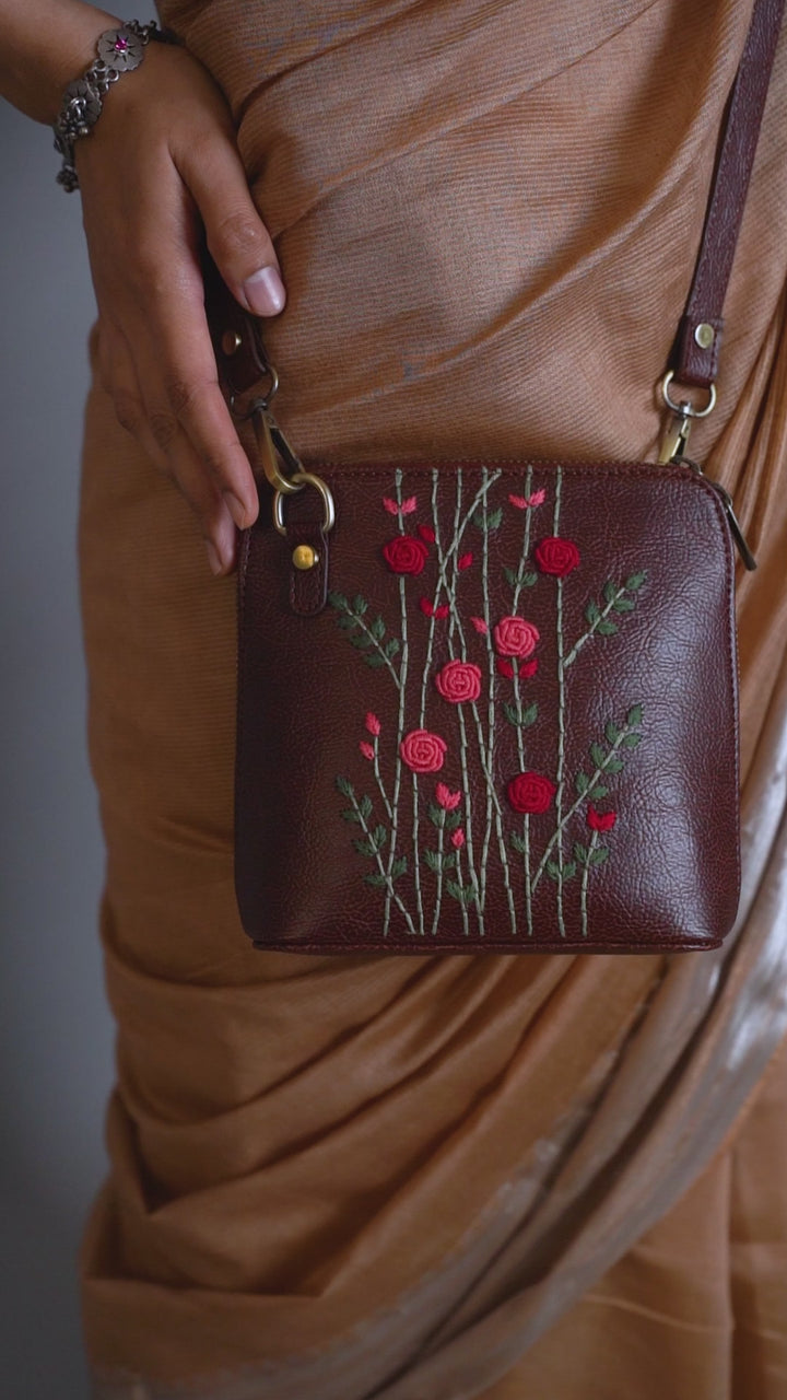 Hand Embroidered Red Rosebuds Venice Sling Bag