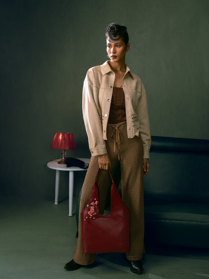 Misty Petals Hand Embroidered Chowk Tote - Kafal Berry