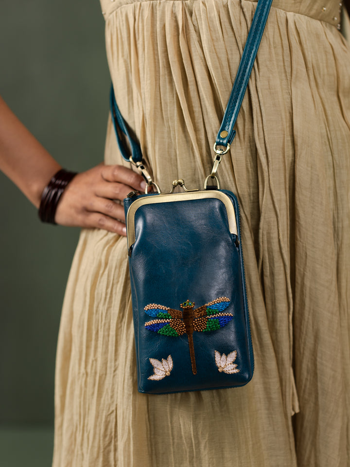 Hand Embroidered Dragonfly 2-in-1 Mobile Wallet Sling