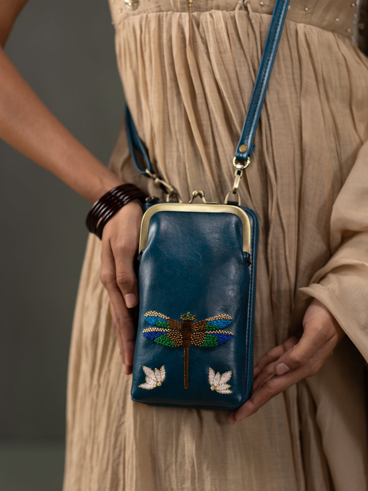 Hand Embroidered Dragonfly 2-in-1 Mobile Wallet Sling