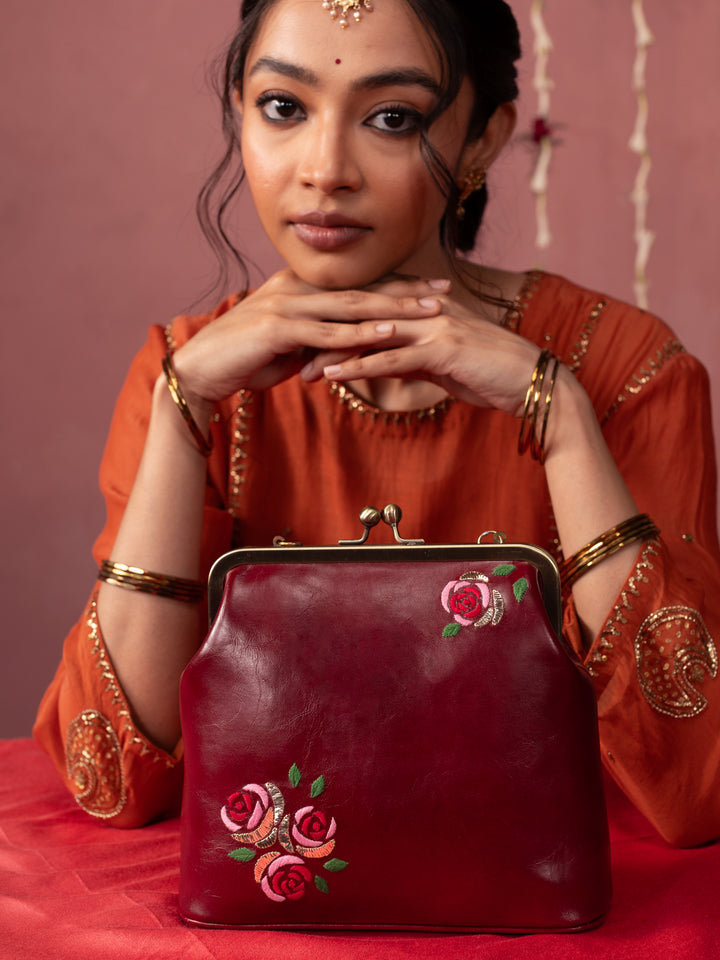 Burgundy Hand Embroidered Three Roses Clutch