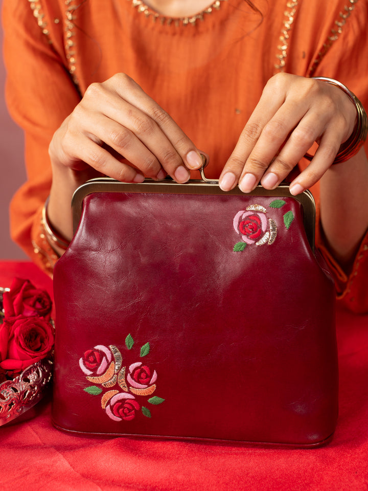 Burgundy Hand Embroidered Three Roses Clutch