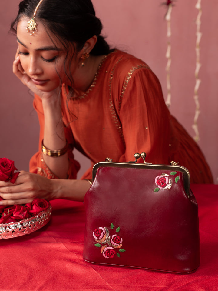 Burgundy Hand Embroidered Three Roses Clutch