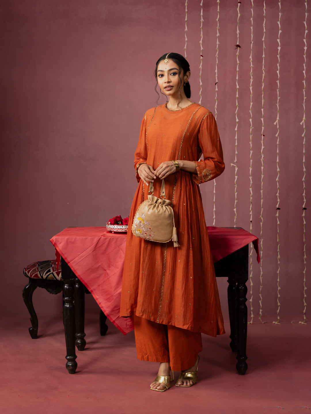 Beige Hand Embroidered Dabka Pitta Roses Potli Bag