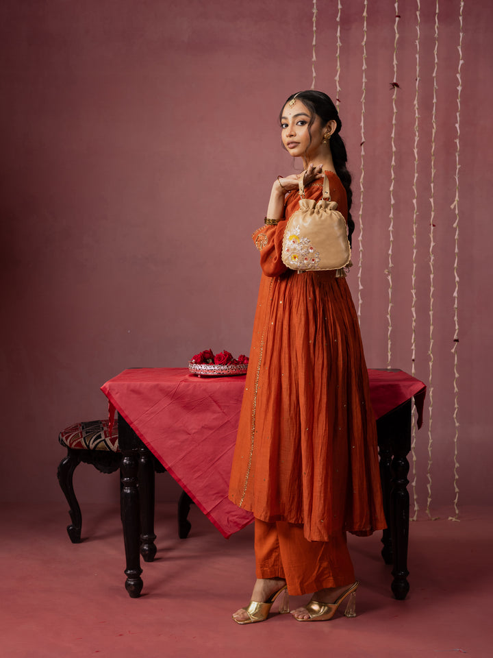 Beige Hand Embroidered Dabka Pitta Roses Potli Bag